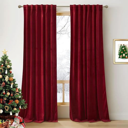 RYB HOME Red Velvet Blackout Curtains 90 inches for Bedroom Living Room | Thermal Insulated, Privacy UV Block, Back Tab, Backdrapes for Moive Theater Stage Christmas, W52 x L90, 2 Panels