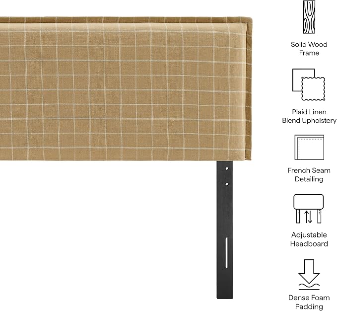 Modway Camille Full Size Checkered Linen Blend Plaid Headboard with Removable Slipcover – in Artichoke Windowpane Check - Padded Pillow Style Headboard with Adjustable Mounting for Full Beds