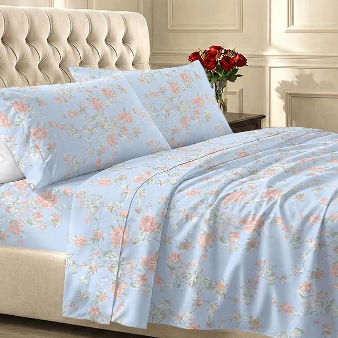 California Design Den Soft 100% Cotton Sateen Queen Size Bedsheets,4 Pc Set | 400 Thread Count Backed by Good Housekeeping Seal, 16" Deep Pocket, All-Around Elastic, Durable - Floral Blue/Pink Print