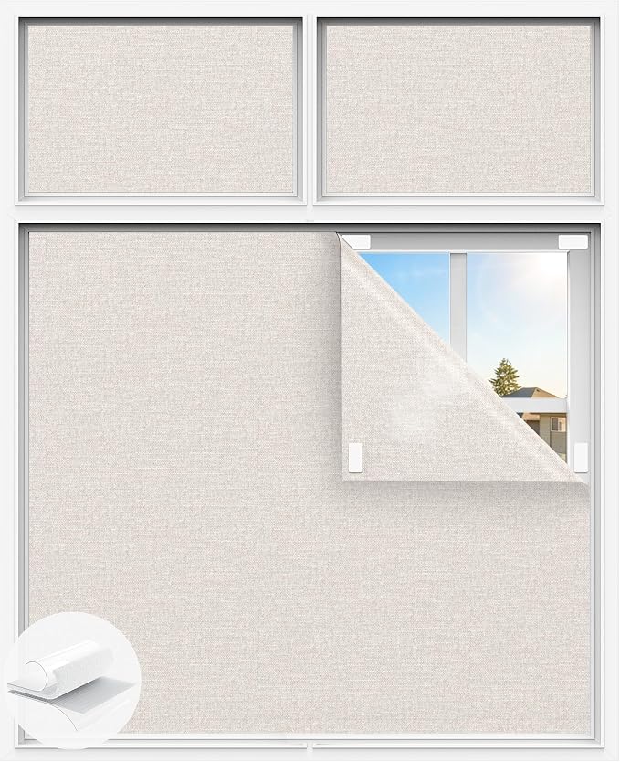 Linen Blackout Curtains for Bedroom, 100" x 58" Portable Blackout Blinds | 100% Blackout Window Cover with Hook&Loop Strip, Temporary Blackout Shades, Blackout Window Film for Nursery Travel RV- Cream