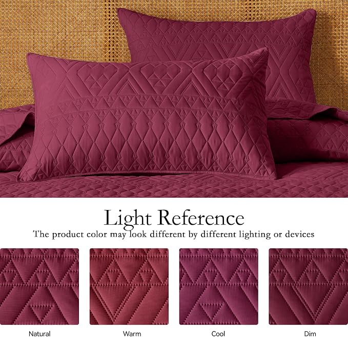 akkialla King/Cal King Quilt Set, Burgundy Lightweight Microfiber Bedspread Coverlet, Boho Geometric Pattern, Soft All-Season Bedding, 3-Piece (1 Quilt, 2 Pillow Shams)