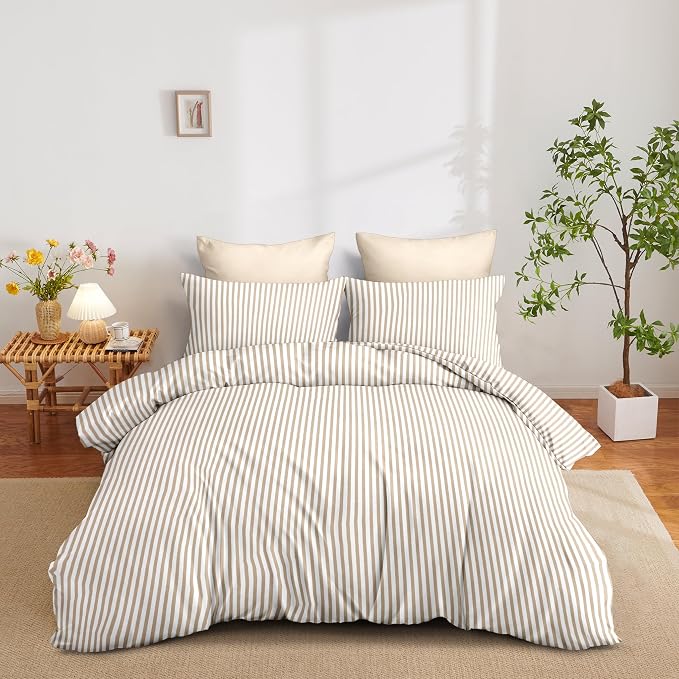Nayoroom Brown Tan Striped Duvet Cover Set Queen | Modern Farmhouse Coastal Bedding, Soft Breathable Washed Microfiber, All-Season Comfort, Hidden Zipper, 4 Corner Ties