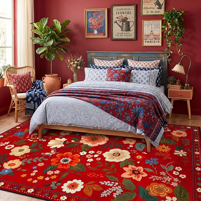 Floral Washable 6x9 Area Rugs Red/Orange | Flower Carpet, Print, Boho, Non-Slip, Easy to Clean, Soft, Low Pile for Living Room Bedroom Kitchen Office Entryway Hallway