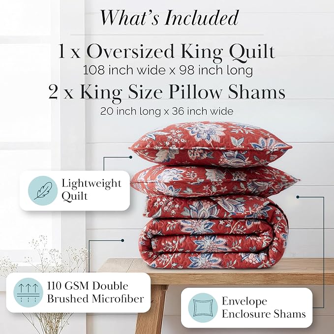 Southshore Fine Living, Inc. Oversized King Quilt Bedding Set, Jacobean Willow Floral Quilt Set with 2 Matching Pillow Shams, Lightweight California King Bed Spread, Soft Microfiber Fabric, Red