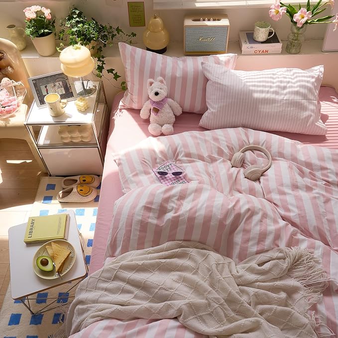 LifeTB Peach Pink Striped Comforter Set Full, 3 Piece Vintage Stripes Pattern Printed Bedding Set, Breathable Soft Farmhouse Striped Bedding Comforter Full Size, Cozy Lightweight Pink Comforter Set