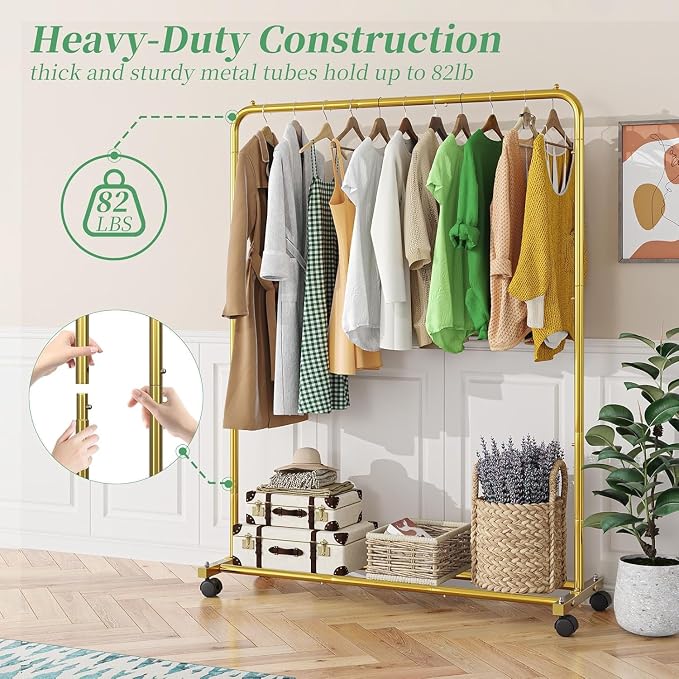 Simple Trending Clothes Clothing Garment Rack, Clothes Organizer, Gold | Storage Shelves, 360° Lockable Wheels, Anti-Slip Stoppers, Bedroom, Laundry Room