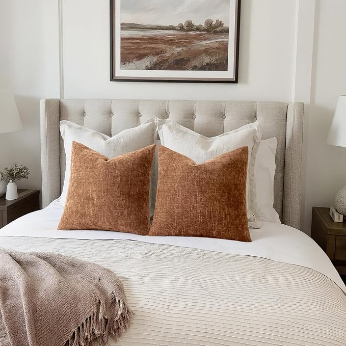 MIULEE Textured Chenille Throw Pillow Covers 22x22 Inch Pecan Brown | Pack of 2 Decorative Soft Throw Pillows, Solid Textured Cushion Covers, Modern Home Decor for Couch Sofa Bedroom Living Room