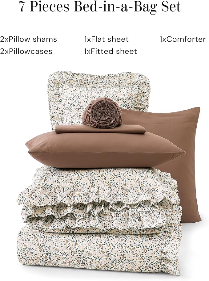 Full Size Comforter Sets-7 Pieces Floral Ruffle Bedding Set | Beige Ditzy Bed in a Bag, Soft Lightweight All Season Farmhouse Full Size Bedding Sets with Sheets, Pillowcases & Shams