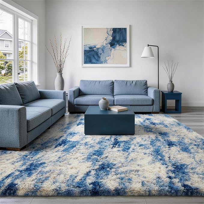 Ophanie 9x12 Blue and Gray Area Rugs for Living Room,Large Navy Grey White Fluffy Shag Fuzzy Plush Soft Carpets,Floor Shaggy Rugs for Bedroom,Carpet for Kids Dorm Decor with Over 99 pcs Pile fibers