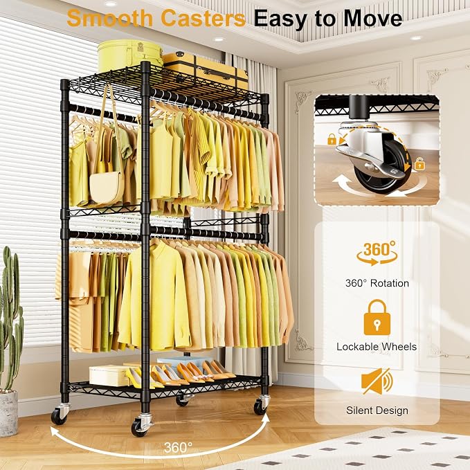 P4 Rolling Clothes Rack, Clothing Racks for Hanging Clothes, Black | Heavy Duty Garment Rack with Wheels, 2-Tier Free Standing Portable Closet Racks 35.5''W × 20.5''D × 80.5''H, Max Load 560Lbs