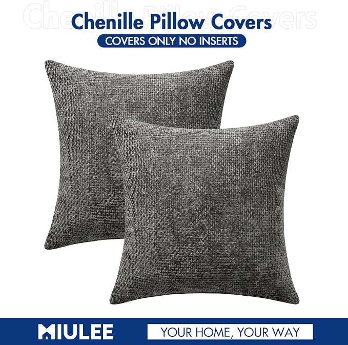 MIULEE Decorative Couch Throw Pillow Covers 16x16 Inch Dark Gray 2 Pack | Modern Boho Accent, Soft Chenille Pillow Covers, Farmhouse Cushion Cases for Home Decor Bed Sofa Living Room
