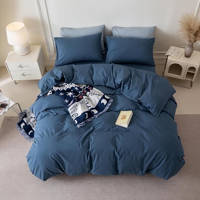 BDEAR 3Pcs Gray Blue Duvet Cover Set Queen Size 90" L x 90" W, Oeko TEX | 100% Washed Cotton, 1 Duvet Cover with 2 Pillowcases, Zipper Closure, 8 Corner Ties,Linen-Liked Texture, Skin Friendly