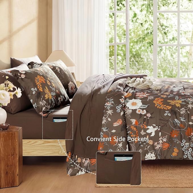 Queen Comforter Set - 7 Pieces Soft Floral Bed in a Bag Queen Bedding Sets | Brown Botanical Flowers Comforter Set with Sheets, Pillowcases & Shams for All Seasons