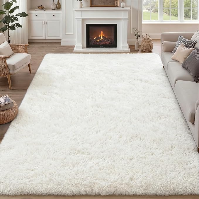 8x10 Area Rug Living Room Bedroom: Fluffy Plush Shag Carpet Ivory | For Kids Room Playroom Nursery Home Decor,Ultra Soft,Non-Slip Non-Shedding,Fuzzy Plush,Large Indoor Floor Carpet,Easy Clean