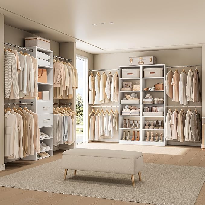 ONBRILL W1 3.5FT-7.7FT Closet System with 4 Chrome-Plated Telescopic Rods | Modular Closet Organizer System with 6 Adjustable Shelves, Custom Wood Walk-In & Reach-In Closet Organizer, Wall Mount, White