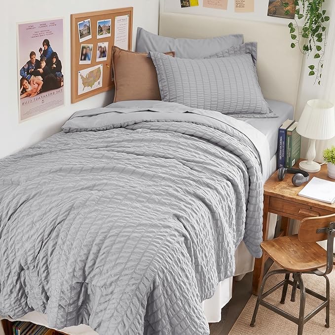 HYMOKEGE Light Grey Twin Comforter Set Seersucker 5 Pieces, All Season Luxury Bed in a Bag for Bedroom, Bedding Set with Comforters, Sheets, Pillowcase & Sham
