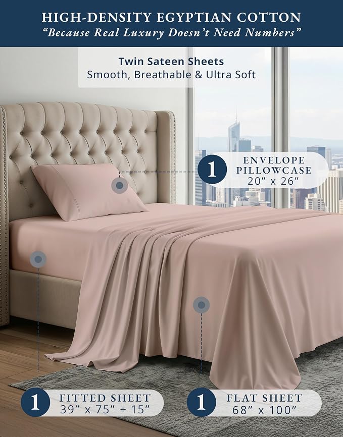 LANE LINEN Twin Bed Sheets Cotton 100% Egyptian Cotton Sateen - Sepia Rose | Cooling Sheets Twin - 3-Piece Set, Ideal For Dorms And Guest Beds, For Guests And Everyday Use, Guest-Ready Comfort