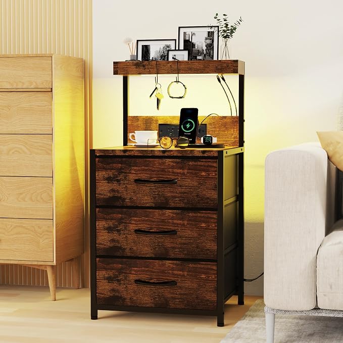 SZLHANJZ Nightstands Set of 2, LED Light and Charging Station, 3 Drawers | Spacious Fabric Drawers End Table, Storage Night Stand with Hooks, Tall Bed Side Table for Bedroom Dorm, Rustic Brown
