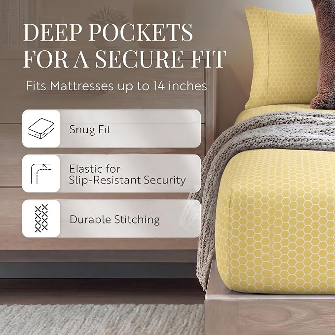 Linen Market Patterned Microfiber King Sheet Set 4 Piece – Oeko-TEX Certified Ultra Soft & Wrinkle-Free - 16" Deep Pocket Sheets - Easy Care King Size - Honeycomb Yellow