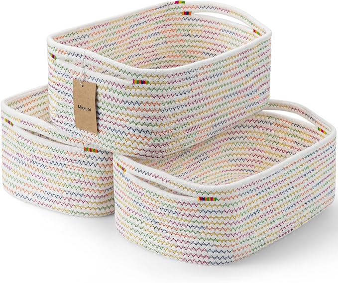 3 Pack Small Storage Baskets for Organizing, 11.8×7.8×5.1", Rainbow | Woven Baskets for shelves, Cotton Rope Basket for Gifts Empty, Closet Organizer Bins with Handles, Cube Decorative Box