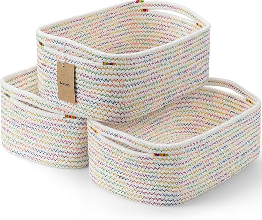 3 Pack Small Storage Baskets for Organizing, 11.8×7.8×5.1", Rainbow | Woven Baskets for shelves, Cotton Rope Basket for Gifts Empty, Closet Organizer Bins with Handles, Cube Decorative Box