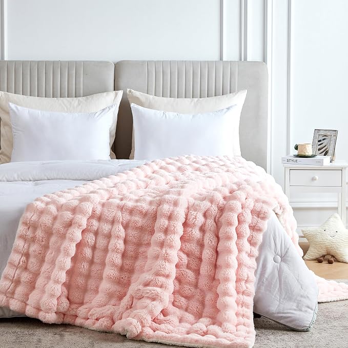 50x60 Inches Ultra-Soft Fuzzy Faux Fur Plush Throw Blanket - Thick, Warm Sherpa for Couch, Sofa, Bedroom, Camping - Decorative Blanket for Cozy Warmth, Bubble Pink