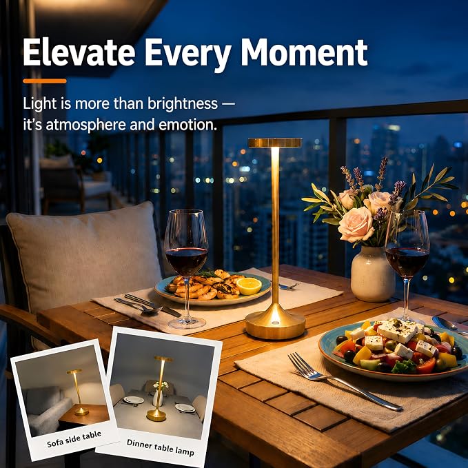 Gold Cordless LED Table Lamps Rechargeable 6000mAh, 72H Runtime, Waterproof | Stepless Touch Dimming with 3 Color Modes & Memory Function, Portable IP54 Waterproof for Home/Dinner/Patio/Restaurant (Gold)