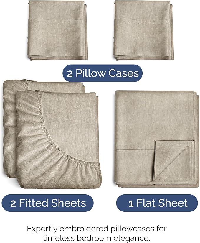 Split King Size 5 Piece Sheet Set - Breathable & Cooling - Heathered Beige | Hotel Luxury Bed Sheets for Women & Men, Deep Pockets, Easy-Fit, Comfy, Soft and Wrinkle Free Sheets, Oeko-Tex Bed Sheet Set
