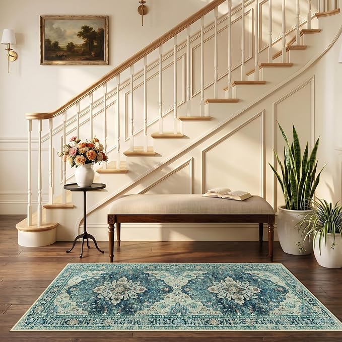 RELEANY Washable Area Rug, Runner 2'6"x5', Blue/Vintage Dark Blue | Non-Slip, Water Repellent, Pet Friendly, Easy to Clean, Vintage Floral Boho Decor for Kitchen Entry Bedroom Bedside Laundry