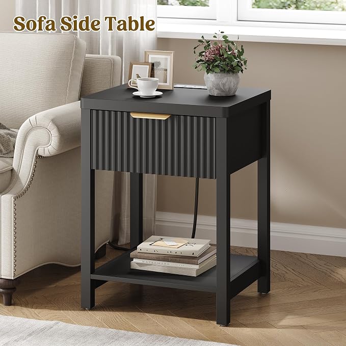 Night Stand Set 2, Fluted Wood Nightstands w/Charging Station for Bedroom | Black, Storage Drawer, Open Shelf, Metal Silent Rails, Round Corners, Modern Fluted Panel, Living Room, Bedside Table