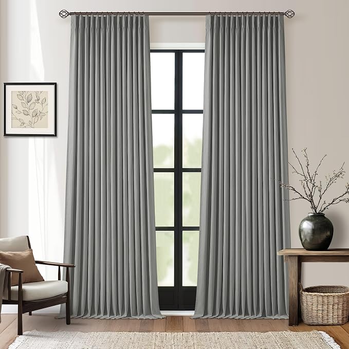 Charcoal Grey Pinch Pleated 100% Blackout Linen 96 Inch Bedroom Curtains | Double Layer Curtains, Pleat with Ring Hooks Back Tab, Black Out Room Darkening Drapes, for Living Room, 40x96 2 Panels Set