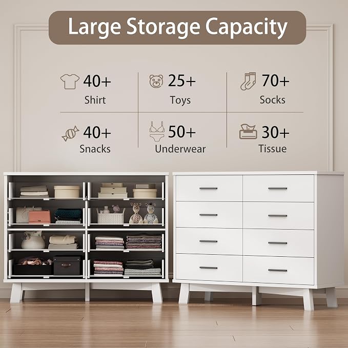 Xixini Dresser for Bedroom, 8 Drawer Wide Modern Chest of Drawers with X-Shaped Sturdy Base, Wood Double Dresser Closet Clothes Storage Organizer, Wooden TV Stand for Living Room, Hallway, White