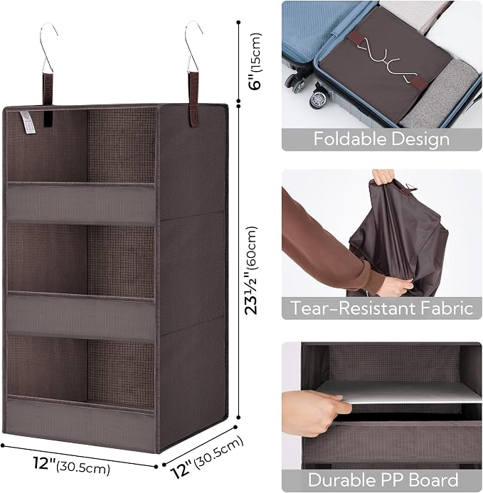 GRANNY SAYS 3-Shelf Hanging Closet Organizer, Foldable Storage, Dark Brown | 33 lb Capacity, No-Sag Support, Keeps Clothes Neat, Folds Flat, Fits RV, Dorm & Small Closets
