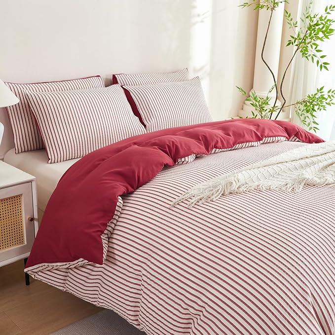 Comforter Set King Size Brick Red Striped Soft Luxury Washed Microfiber Jacquard 3 Pieces White Brick Red Vertical Ticking Stripes Pattern Comforter with 2 Pillowcases Breathable Durable Comfy