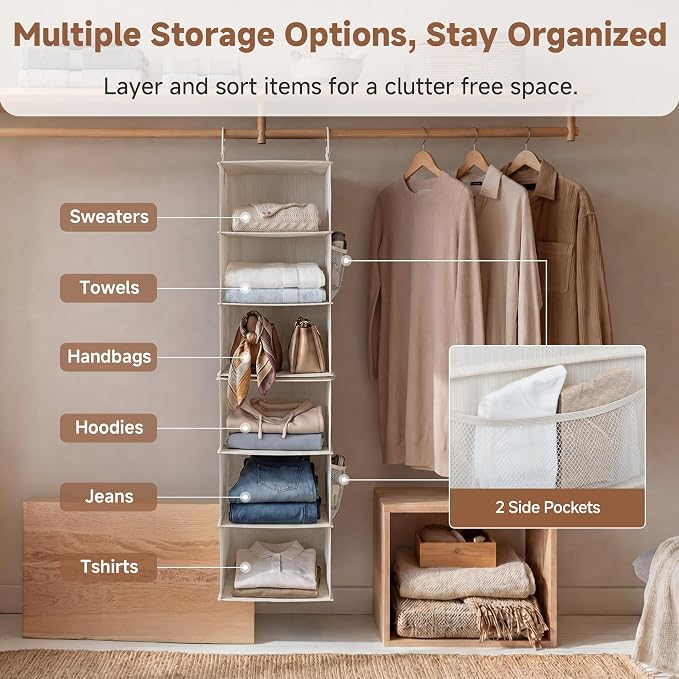 StorageWorks Hanging Closet Organizer, 6-Shelf with 2-in-1 Design, Ivory | Maximize Closet Space with Reinforced Shelves, Small Closet Storage Solution for Bedrooms, Dorms and RVs