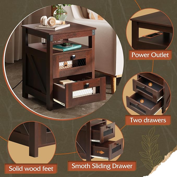 WLIVE Nightstand with Charging Station, Farmhouse End Table, Bed Side Table with 2 Storage Drawers and Open Shelf, Wood Rustic Nightstands for Bedroom, Espresso | Charging Station(2AC+2USB), Farmhouse Design (Cut-out Grills)，Storage(2 Drawers +1 Shelf)...