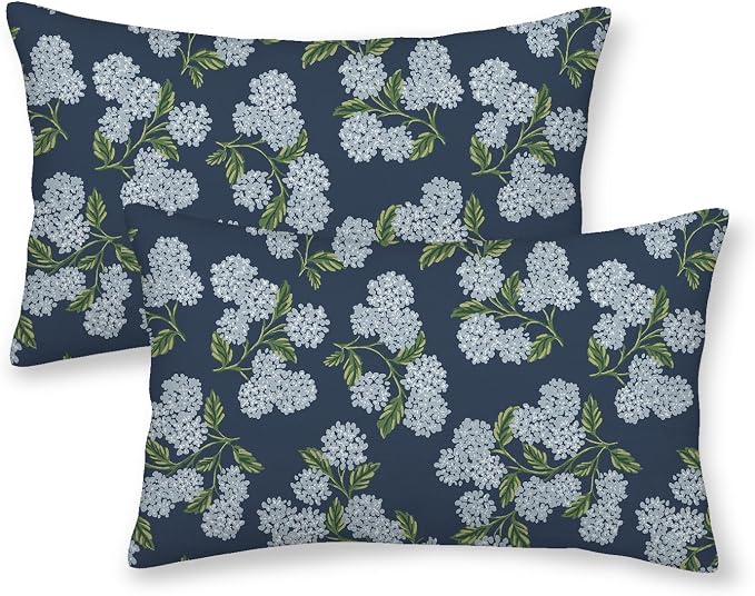 Navy Blue Spring Pillow Covers 12x20 Inch 2 Pcs Blue Green Hydrangea Flower Decor Throw Pillows Vintage Floral Seasonal Summer Outdoor Decoration Pillowcase Linen Cushion Cover for Couch Sofa