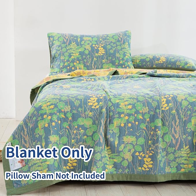 100% Cotton Muslin Botanical Blanket Jacquard Floral Plants Pattern Quilt, Soft Bed Cover Lightweight Breathable Gauzy Reversible Bedspread Coverlet Full/Queen(78"x94"), No Pillow Sham