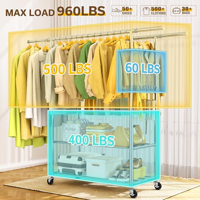 100% Stainless Steel Heavy Duty Clothes Rack Load 960LBS, Double Rod Clothing Rack for Hanging Clothes with Reinforced Rubber Rings, Extendable Rolling Garment Racks W/ Portable Wheel & Sturdy Shelves