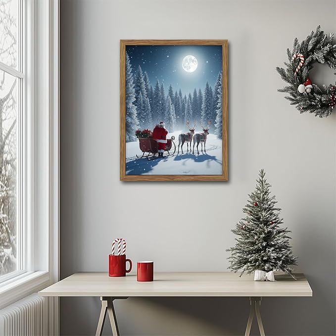 Framed Christmas Pictures Wall Decor, Santa Delivering Christmas Gifts Canvas Prints, Winter Holidays Pine Trees Wall Art, Christmas Snow Scene Santa Reindeer Decorations – 12x16in