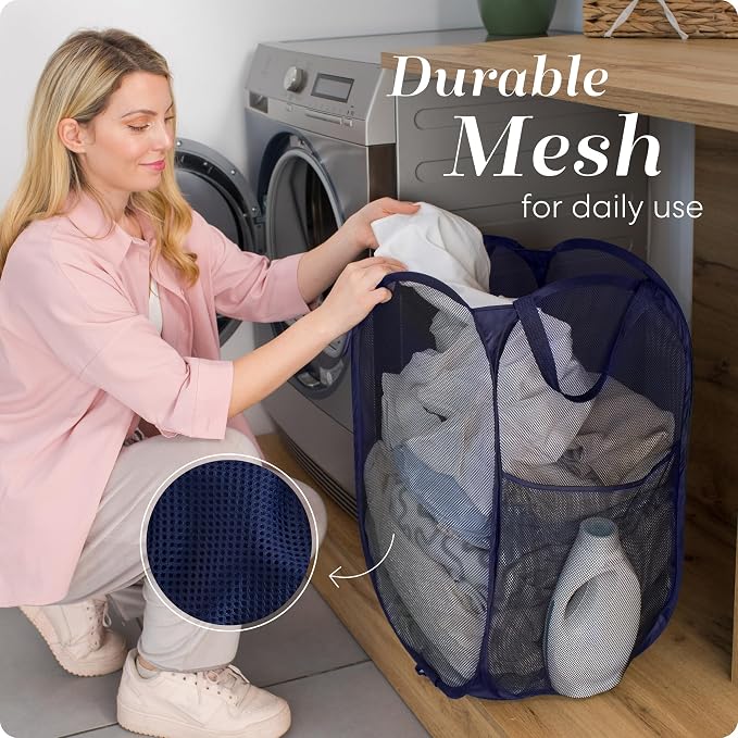 Handy Laundry Collapsible Mesh Foldable Hamper 14" x 14' x 24" Navy Blue | Collapsible Mesh Pop Up Hamper, Wide Opening, Side Pocket, Breathable, Sturdy, Foldable, Space-Saving for Clothes Storage