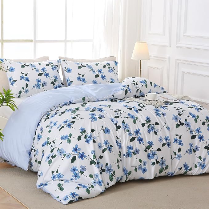 MUXHOMO Duvet Cover Queen Size, Reversible Vintage Floral Duvet Cover Set with Zipper Closure, 3 Pieces Botanical Patterns Soft Microfiber Bedding Set (90"x90", 2 Pillow Cases, Large Blue Flower)
