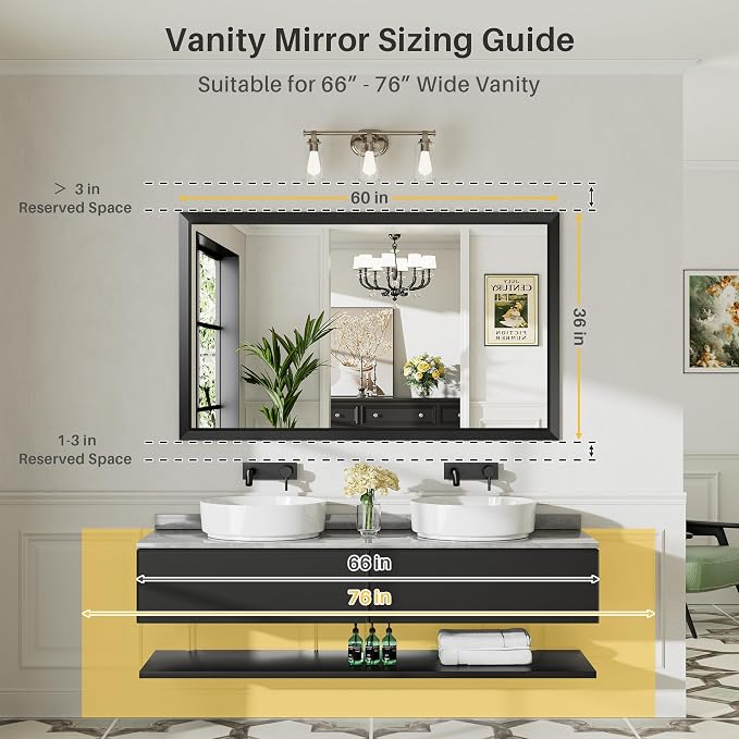 Black Metal Framed Bathroom Wall Mirror, 60x36 Inch | Anti-rust, HD tempered glass, for bathroom vanity, bedroom, living room, horizontal or vertical mount