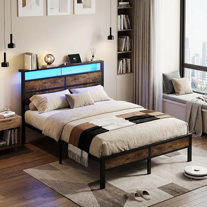 Queen Size Bed Frame with LED Lights and USB Type C Charging Headboard | Brown Metal Platform Bed, Charging Station, Storage Shelf, Noise Free, No Box Spring Needed