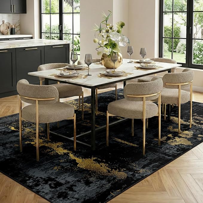RELEANY Washable 8'x10' Abstract Area Rug for Living Room Black Gold | Carpet for Bedroom, Kitchen, Office, Hallway and Entryway, Printed Pattern, Non‑Slip, Soft, Stain‑Resistant, Easy to Clean