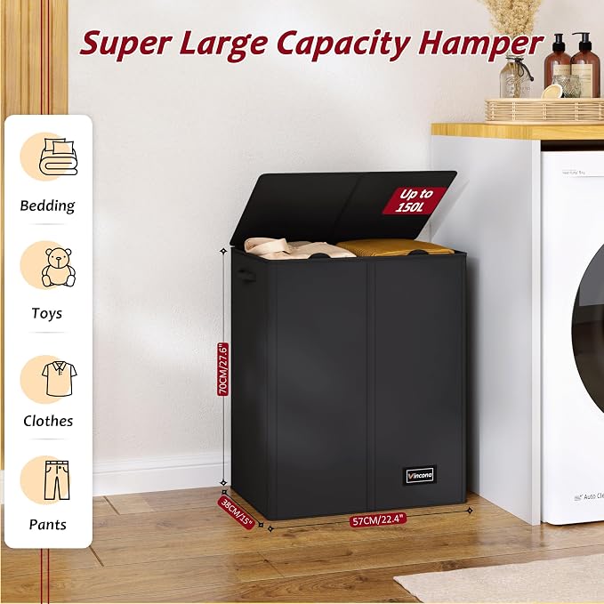 150L Laundry Hamper 2 Section, Large Laundry Hamper with Lid, Dirty Clothes Hamper with 2 Removable Inner Bags, Collapsible Laundry Basket Organizer for for Clothes Toys Towels, Hamper 2 Compartment