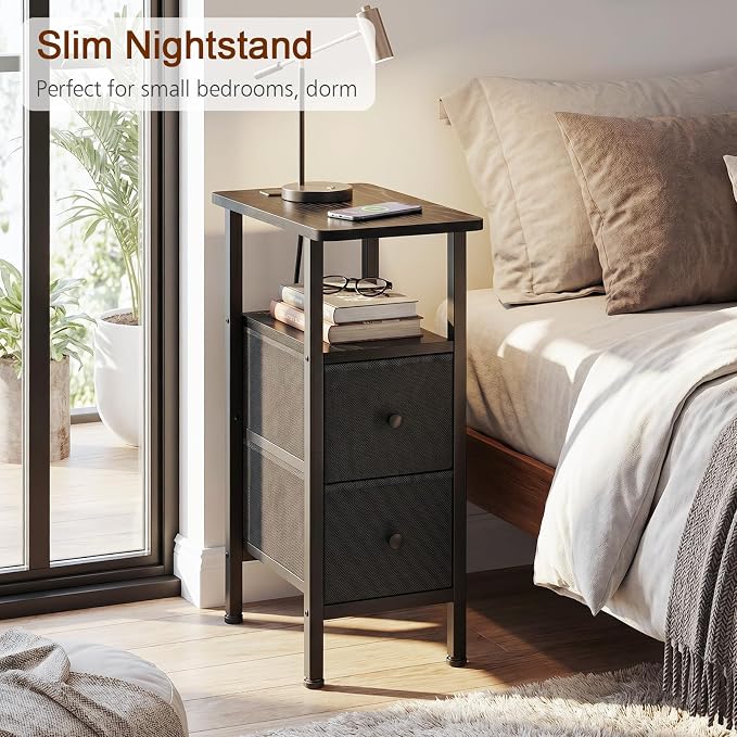 LOAKEKEL Narrow End Table with Charging Station, Small Nightstand | Skinny Side Tables Living Room with 2 Fabric Drawers, Slim Bedside Table for Bedroom, Small Spaces, Couch, Black
