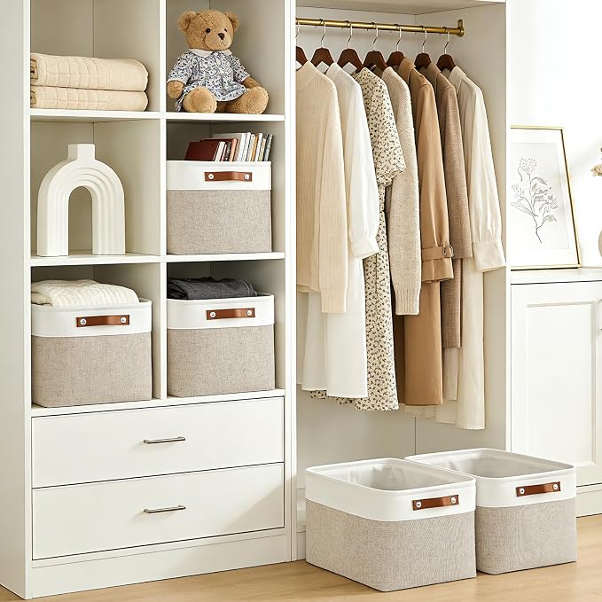 Storage Bins Large Fabric Storage Baskets for Shelves 3 Pack, Decorative Linen Closet Baskets with Handles for Organizing, Shelf, Clothes, Home, Office, 15x11x9.5Inches (Beige&White)