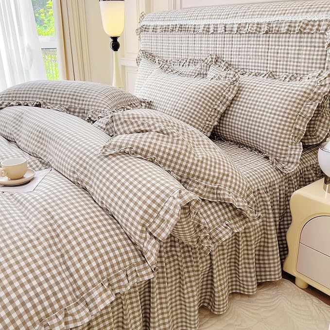 LifeTB Queen Comforter Set Tan Gingham Comforter Ruffle Beige Taupe Plaid Comforter Set 3 Pieces Fluffy Vintage Checkered Grid Bed Comforter with 2 Pillowcases Gingham Bedding Set Queen