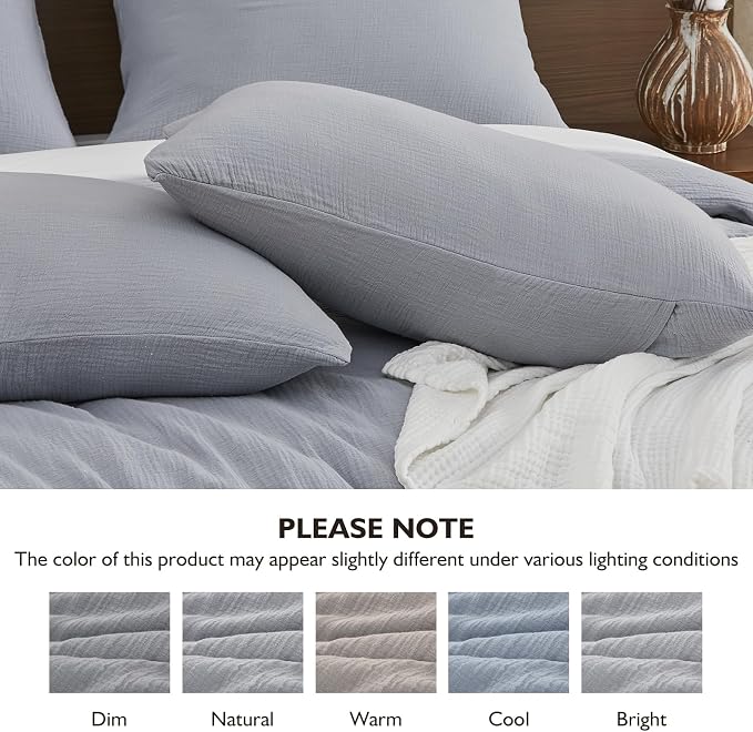 EMME Muslin Cotton Duvet Cover Set Queen Size Linen Like Soft Breathable Lightweight Summer Comforter Cover Set with Zipper Closure (Light Grey, Queen, 90"x90")